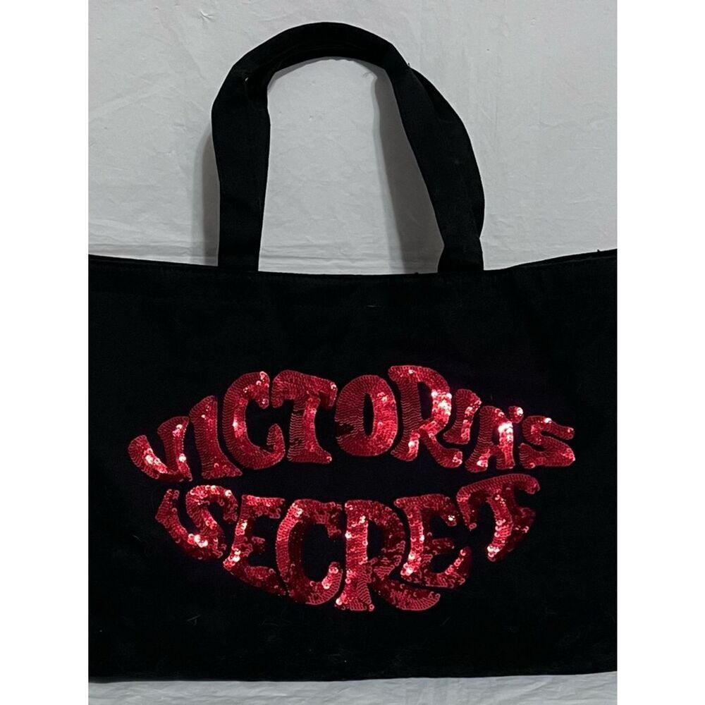 Victoria's Secret Black Canvas Tote Bag with Red Sequin Lips